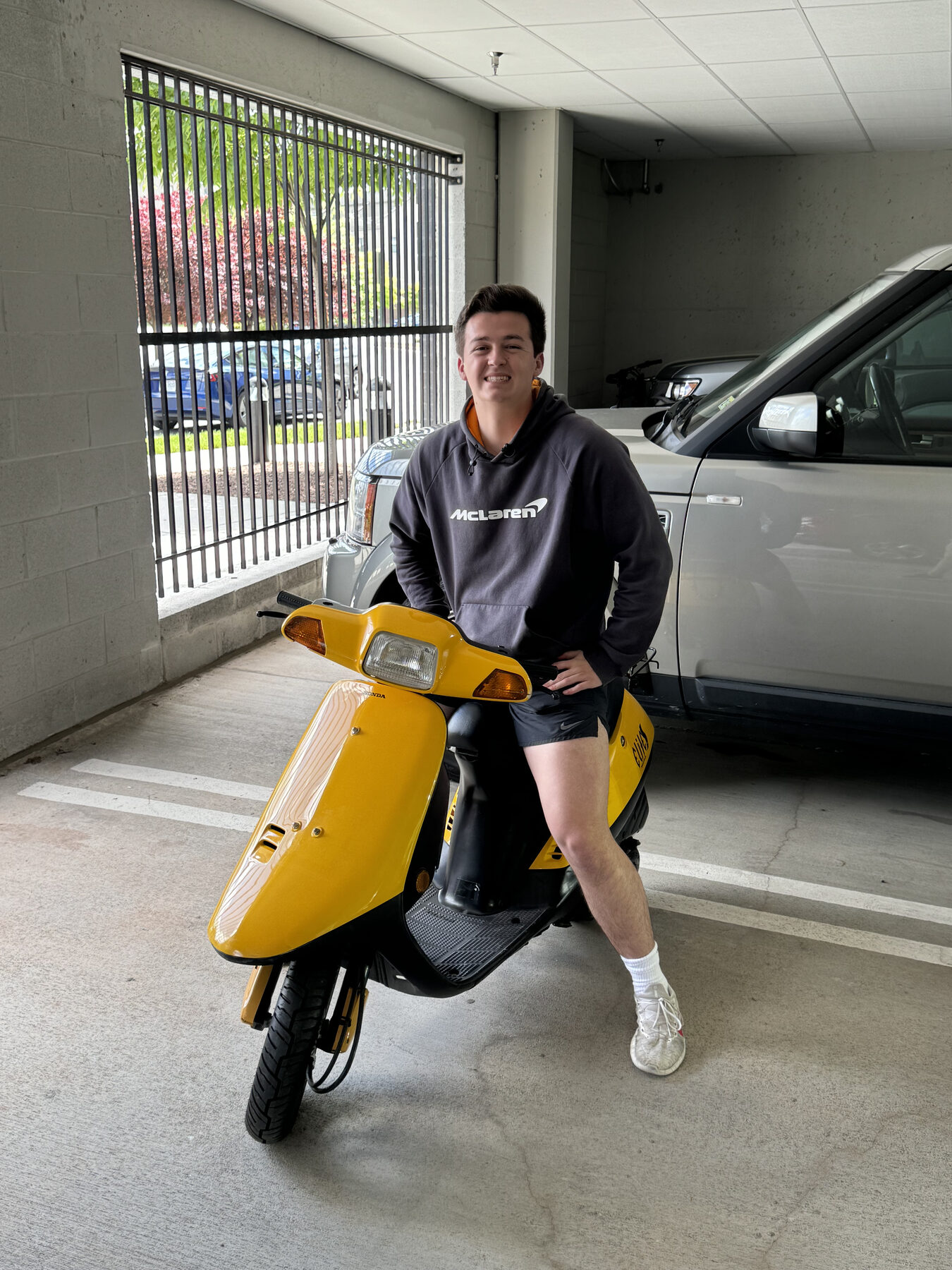 Moped on first day — indoors