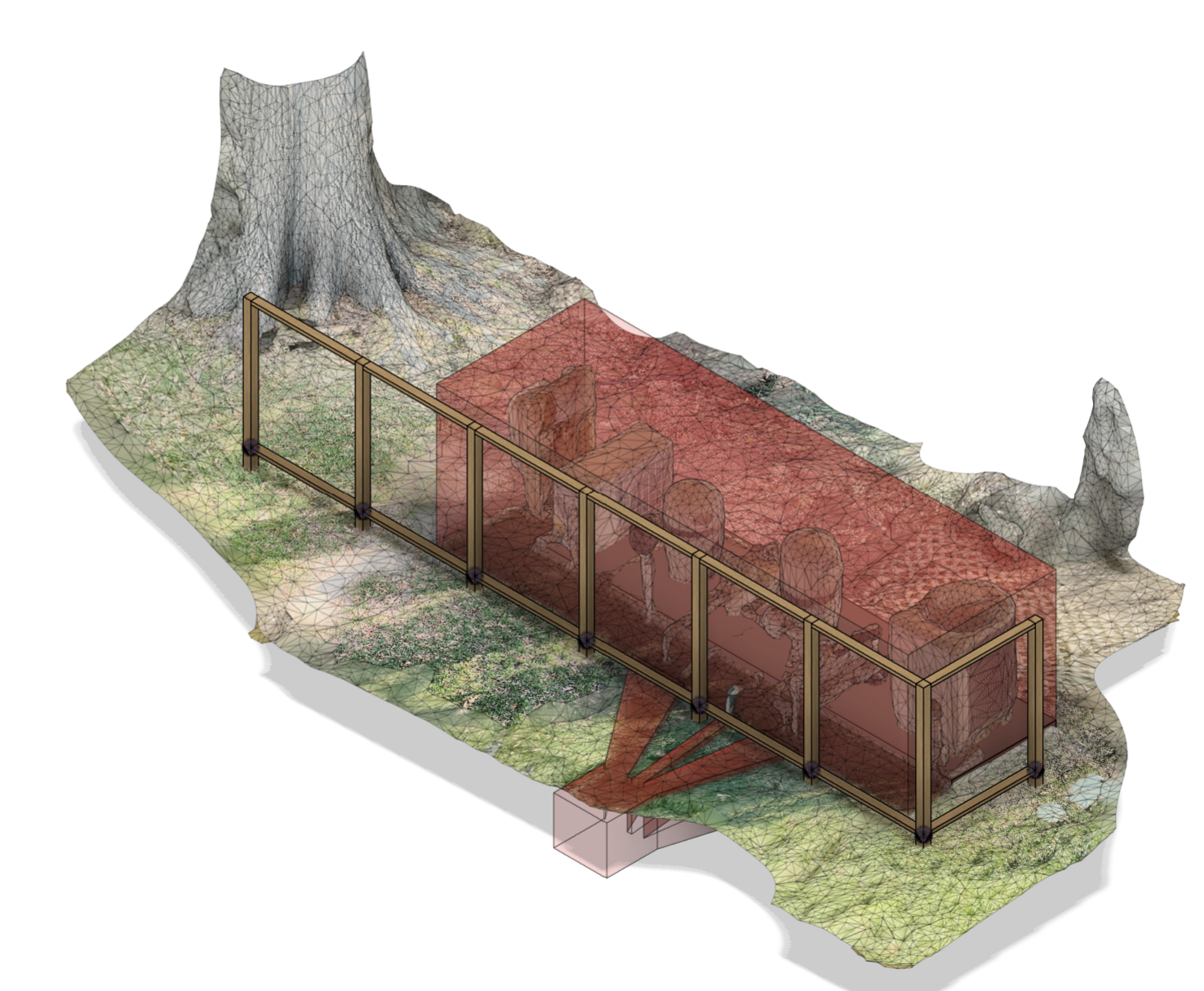 CAD model showing pipe keep-out zones and post layout